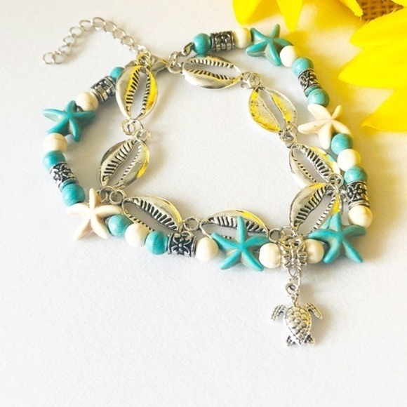 3/$30 Sea Turtle Starfish Puka Shell Double Chain Bracelet Anklet - Picture 4 of 6